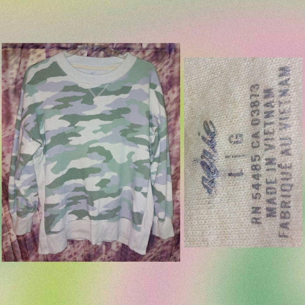 Aerie Cream/Lt Olive Green/Multiclr Camo Print Soft Knit Sweatshirt Top Sz Large